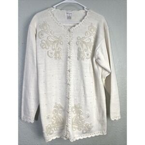 Margules Vtg‎ Embellished Cardigan Sweater Womens Sz M Cream Pearl Scalloped Hem
